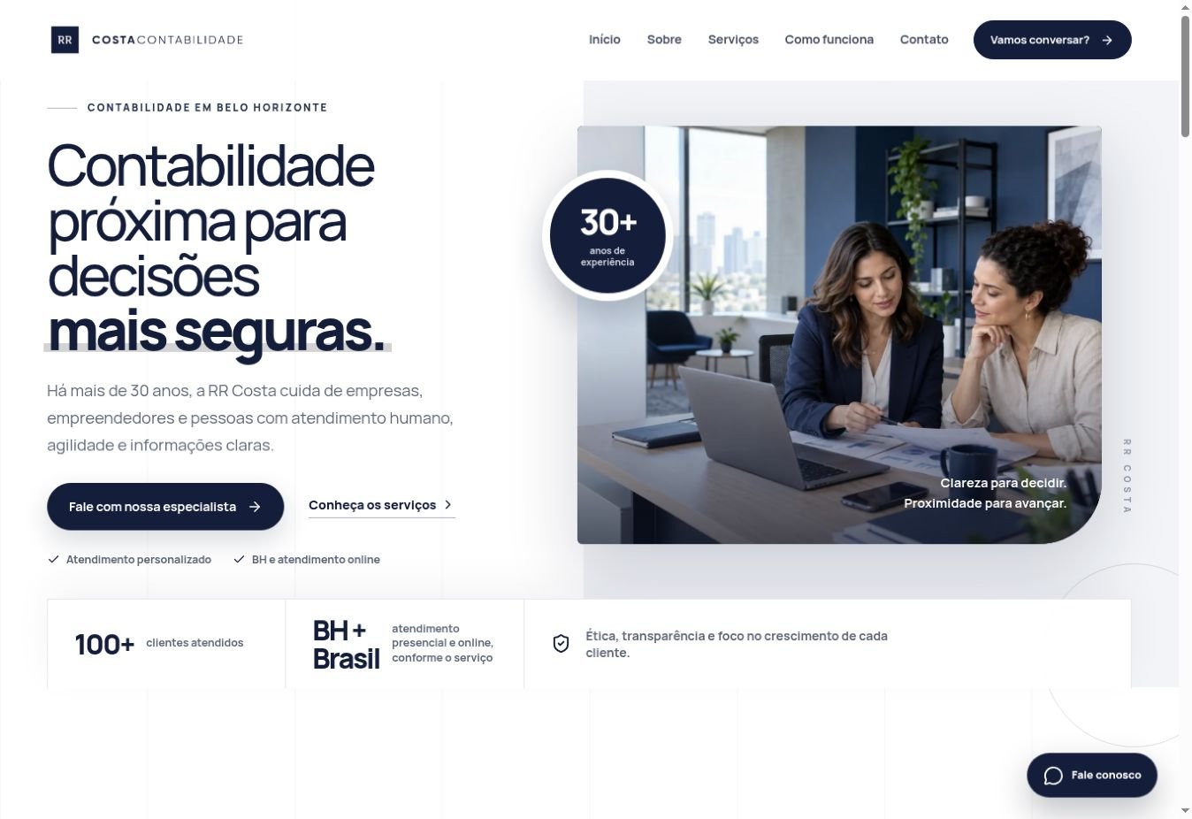 Página inicial do site da RR Costa Contábil