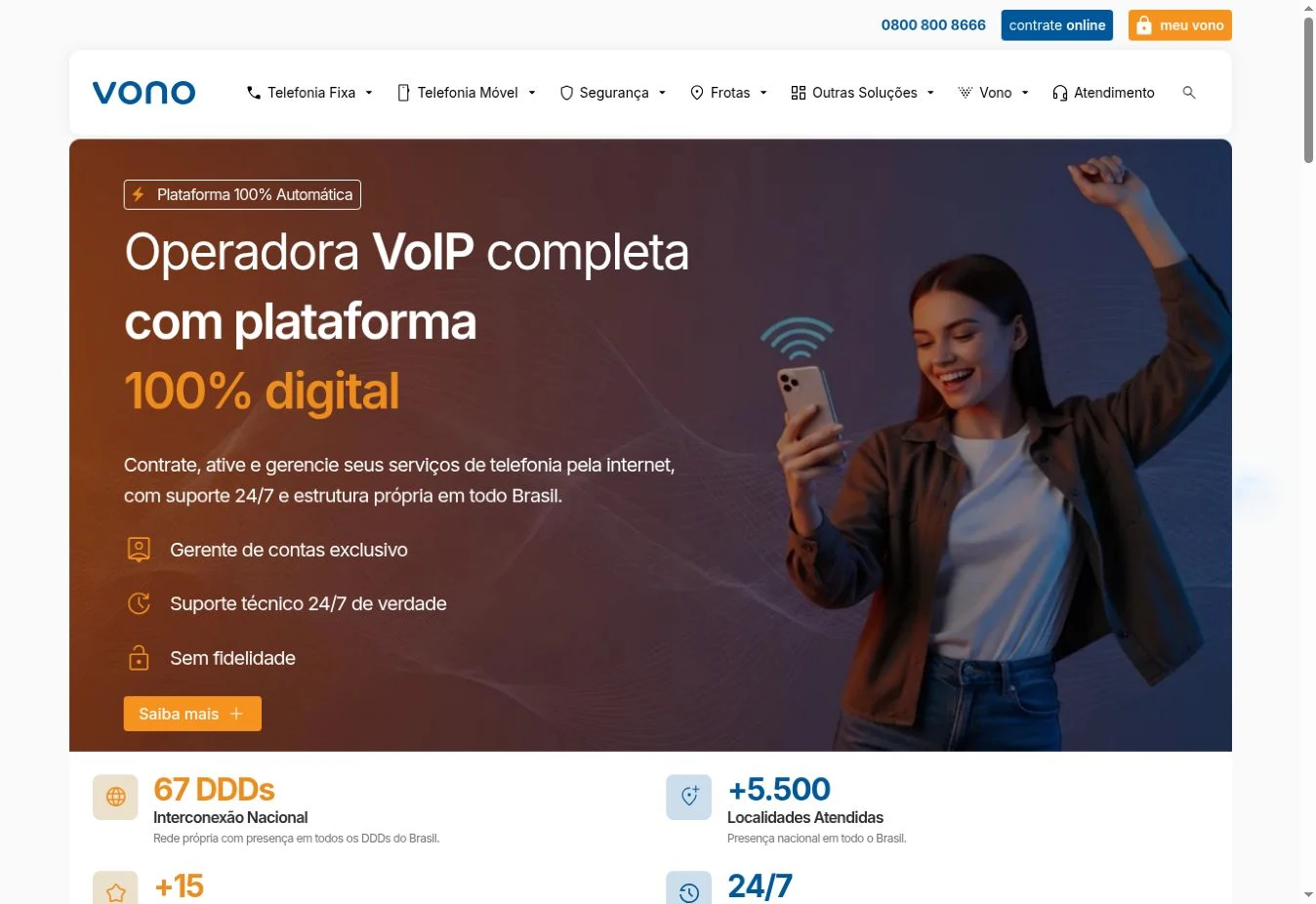 Página inicial da Vono com menu e hero